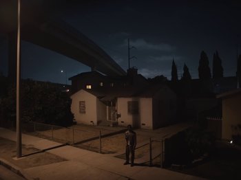 Movie still from “Sam Dew - NTWFL” (2020), directed by Young Replicant – Extreme Wide shot, Low angle