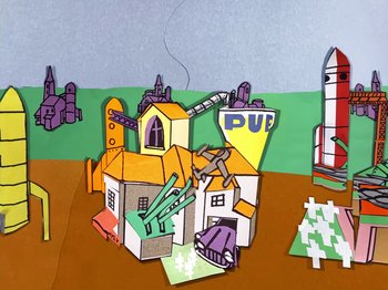 Movie still from “Idles - Model Village” (2020), directed by Olivier Gondry – Extreme Wide shot, Overhead angle