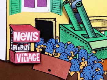 Movie still from “Idles - Model Village” (2020), directed by Olivier Gondry – Extreme Close Up shot, Low angle