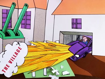 Movie still from “Idles - Model Village” (2020), directed by Olivier Gondry – Medium shot, High angle