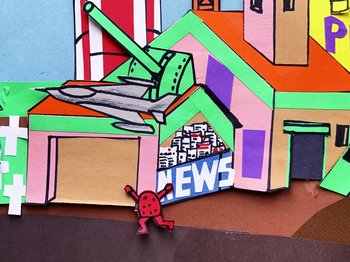 Movie still from “Idles - Model Village” (2020), directed by Olivier Gondry – Extreme Close Up shot, Low angle