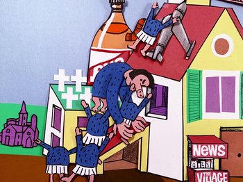 Movie still from “Idles - Model Village” (2020), directed by Olivier Gondry – Medium shot, Low angle