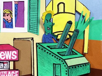 Movie still from “Idles - Model Village” (2020), directed by Olivier Gondry – Extreme Close Up shot, Overhead angle