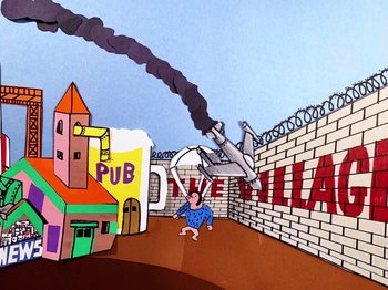 Movie still from “Idles - Model Village” (2020), directed by Olivier Gondry – Extreme Wide shot, Low angle