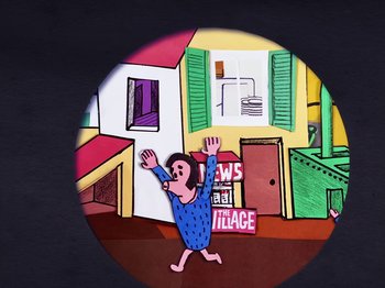 Movie still from “Idles - Model Village” (2020), directed by Olivier Gondry – Extreme Wide shot, Overhead angle