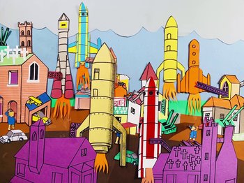 Movie still from “Idles - Model Village” (2020), directed by Olivier Gondry – Extreme Wide shot, Low angle