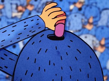 Movie still from “Idles - Model Village” (2020), directed by Olivier Gondry – Extreme Close Up shot, Overhead angle