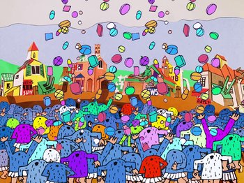 Movie still from “Idles - Model Village” (2020), directed by Olivier Gondry – Extreme Wide shot, Low angle