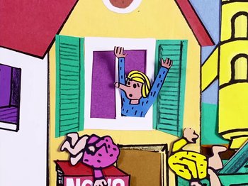 Movie still from “Idles - Model Village” (2020), directed by Olivier Gondry – Medium shot, Overhead angle
