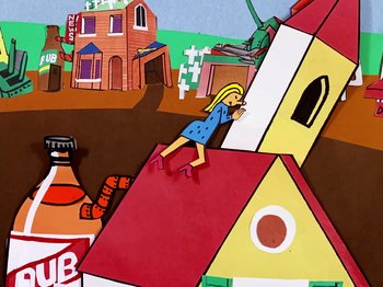 Movie still from “Idles - Model Village” (2020), directed by Olivier Gondry – Extreme Wide shot, Low angle