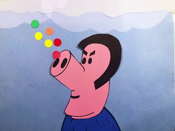 Movie still from “Idles - Model Village” (2020), directed by Olivier Gondry – Extreme Close Up shot, Low angle