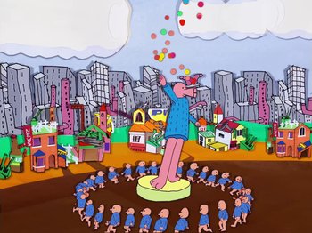 Movie still from “Idles - Model Village” (2020), directed by Olivier Gondry – Wide shot, Low angle