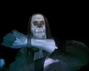 Movie still from “Flatbush ZOMBiES - Afterlife” (2020), directed by Arnaud Bresson – Extreme Close Up shot, Low angle