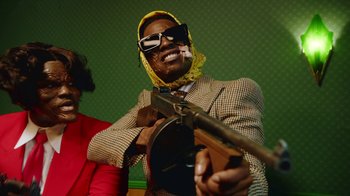 Movie still from “A$AP Rocky - Babushka Boi” (2019), directed by Nadia Lee Cohen – Medium shot, Low angle