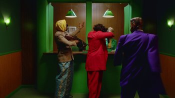 Movie still from “A$AP Rocky - Babushka Boi” (2019), directed by Nadia Lee Cohen – Wide shot, Low angle