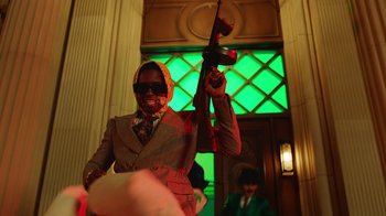 Movie still from “A$AP Rocky - Babushka Boi” (2019), directed by Nadia Lee Cohen – Medium shot, Low angle