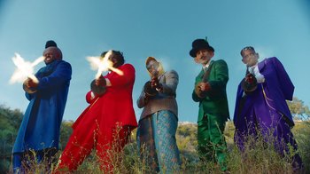 Movie still from “A$AP Rocky - Babushka Boi” (2019), directed by Nadia Lee Cohen – Wide shot, Low angle