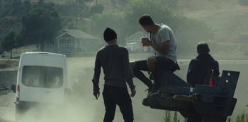 Movie still from “LCD Soundsystem - Oh Baby” (2019), directed by Rian Johnson – Wide shot, Low angle