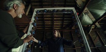 Movie still from “LCD Soundsystem - Oh Baby” (2019), directed by Rian Johnson – Medium shot, Low angle