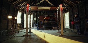 Movie still from “LCD Soundsystem - Oh Baby” (2019), directed by Rian Johnson – Wide shot, Low angle