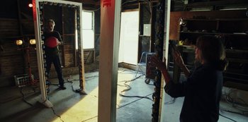 Movie still from “LCD Soundsystem - Oh Baby” (2019), directed by Rian Johnson – Wide shot, Low angle