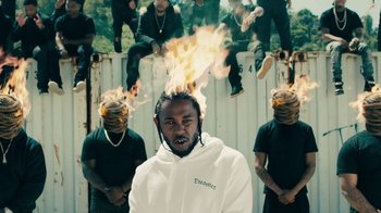 Movie still from “Kendrick Lamar - HUMBLE.” (2017), directed by Dave Meyers – Medium shot, Low angle