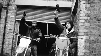 Movie still from “A$AP MOB - Moneyman” (2016), directed by Dexter Navy – Wide shot, Low angle