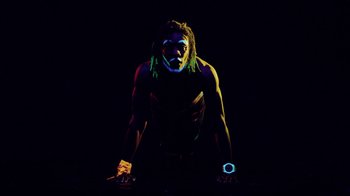 Movie still from “Major Lazer - Sweat” (2014), directed by Ryan Staake – Medium shot, Low angle