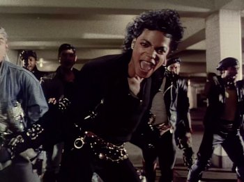Movie still from “Michael Jackson - Bad” (1987), directed by Martin Scorsese – Medium shot, High angle