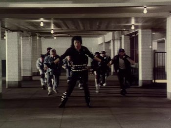 Movie still from “Michael Jackson - Bad” (1987), directed by Martin Scorsese – Wide shot, High angle