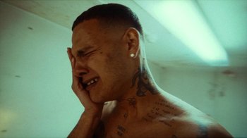 Movie still from “slowthai - Yum” (2023), directed by Owls – Close Up shot, Low angle