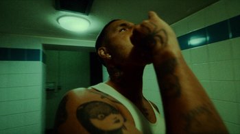Movie still from “slowthai - Yum” (2023), directed by Owls – Close Up shot, Low angle