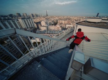 Movie still from “DJ Pone (ft. Blasé) - All I Want” (2023), directed by Benoît Marzouvanlian – Extreme Wide shot, Low angle