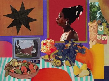 Movie still from “Tierra Whack - SHOWER SONG” (2024), directed by Alex Da Corte – Medium shot, Overhead angle