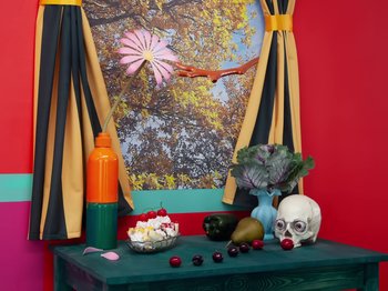 Movie still from “Tierra Whack - SHOWER SONG” (2024), directed by Alex Da Corte – Wide shot, High angle