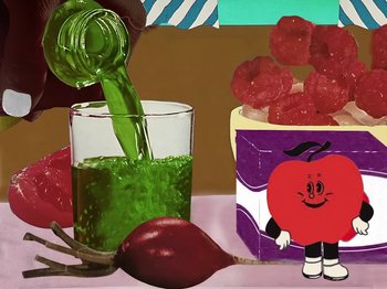 Movie still from “Tierra Whack - SHOWER SONG” (2024), directed by Alex Da Corte – Medium shot, Overhead angle