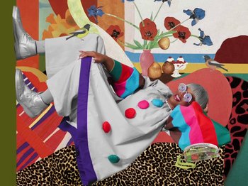 Movie still from “Tierra Whack - SHOWER SONG” (2024), directed by Alex Da Corte – Extreme Wide shot, Overhead angle