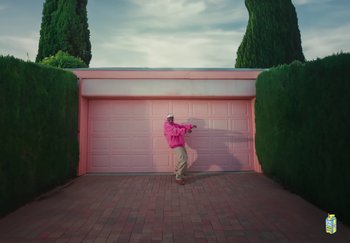 Movie still from “Lil Yachty - TESLA” (2023), directed by Cole Bennett – Wide shot, Low angle