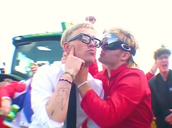 Movie still from “Joost, Ski Aggu & Otto Waalkes - Friesenjung” (2023), directed by Joost Klein – Close Up shot, Low angle