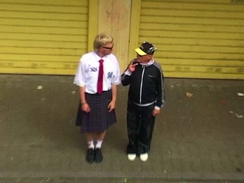 Movie still from “Joost, Ski Aggu & Otto Waalkes - Friesenjung” (2023), directed by Joost Klein – Medium shot, Low angle