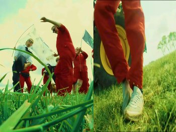 Movie still from “Joost, Ski Aggu & Otto Waalkes - Friesenjung” (2023), directed by Joost Klein – Wide shot, Low angle