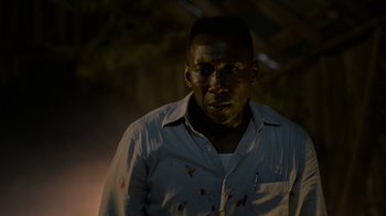 Movie still from “True Detective” (2014), created by Issa López – A person with blood on his face; Close Up shot, Over the shoulder angle