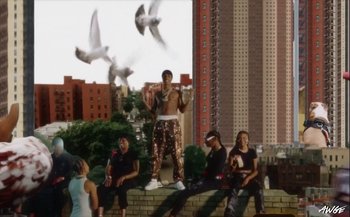 Movie still from “A$AP Rocky - D.M.B.” (2022), directed by A$AP Rocky – Wide shot, Low angle