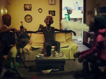 Movie still from “Danny Brown feat. Bruiser Wolf - Y.B.P.” (2024), directed by Edem Wornoo – Wide shot, Low angle