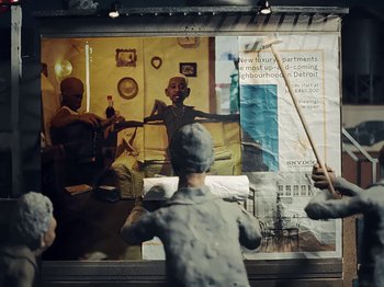 Movie still from “Danny Brown feat. Bruiser Wolf - Y.B.P.” (2024), directed by Edem Wornoo – Medium shot, High angle
