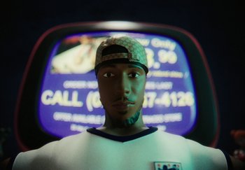 Movie still from “AJ Tracey - Bubble Bath” (2024), directed by Late Milk – Extreme Close Up shot, Low angle