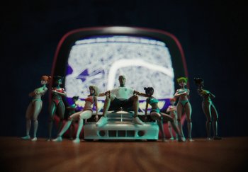 Movie still from “AJ Tracey - Bubble Bath” (2024), directed by Late Milk – Wide shot, Low angle