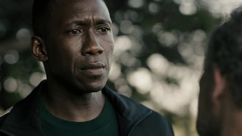 Movie still from “True Detective” (2014), created by Issa López – A person wearing a green shirt; Close Up shot, Over the shoulder angle
