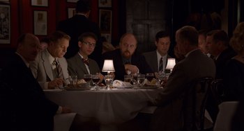 Movie still from “Trumbo” (2015), directed by Jay Roach – A group of people sitting at a dinner table; Medium shot, Over the shoulder angle