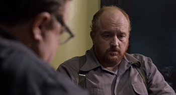 Movie still from “Trumbo” (2015), directed by Jay Roach – A man with a goatee is talking to another man; Close Up shot, Over the shoulder angle